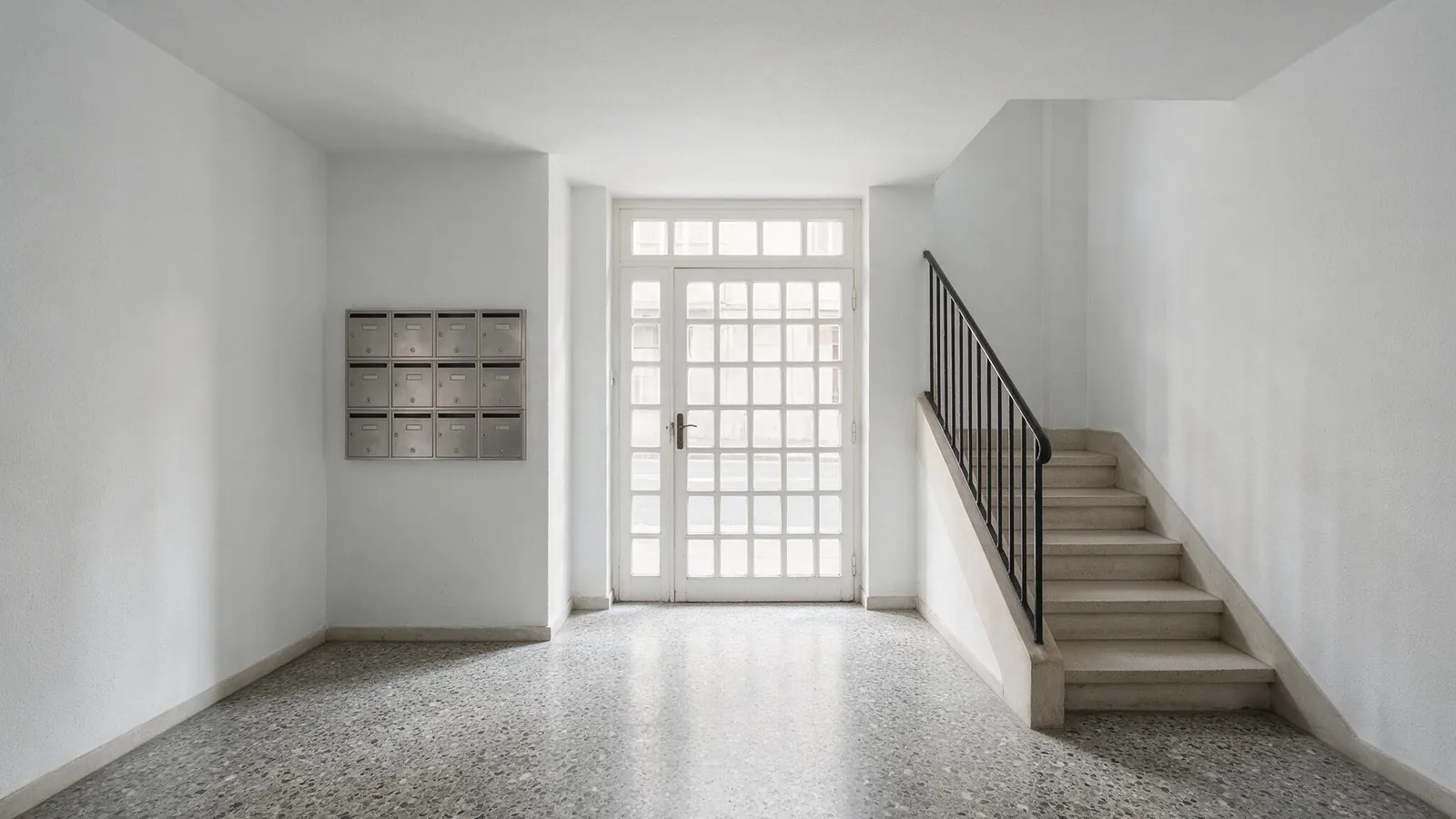 Portal de comunidad de vecinos con escalera y buzones limpios en Bilbao