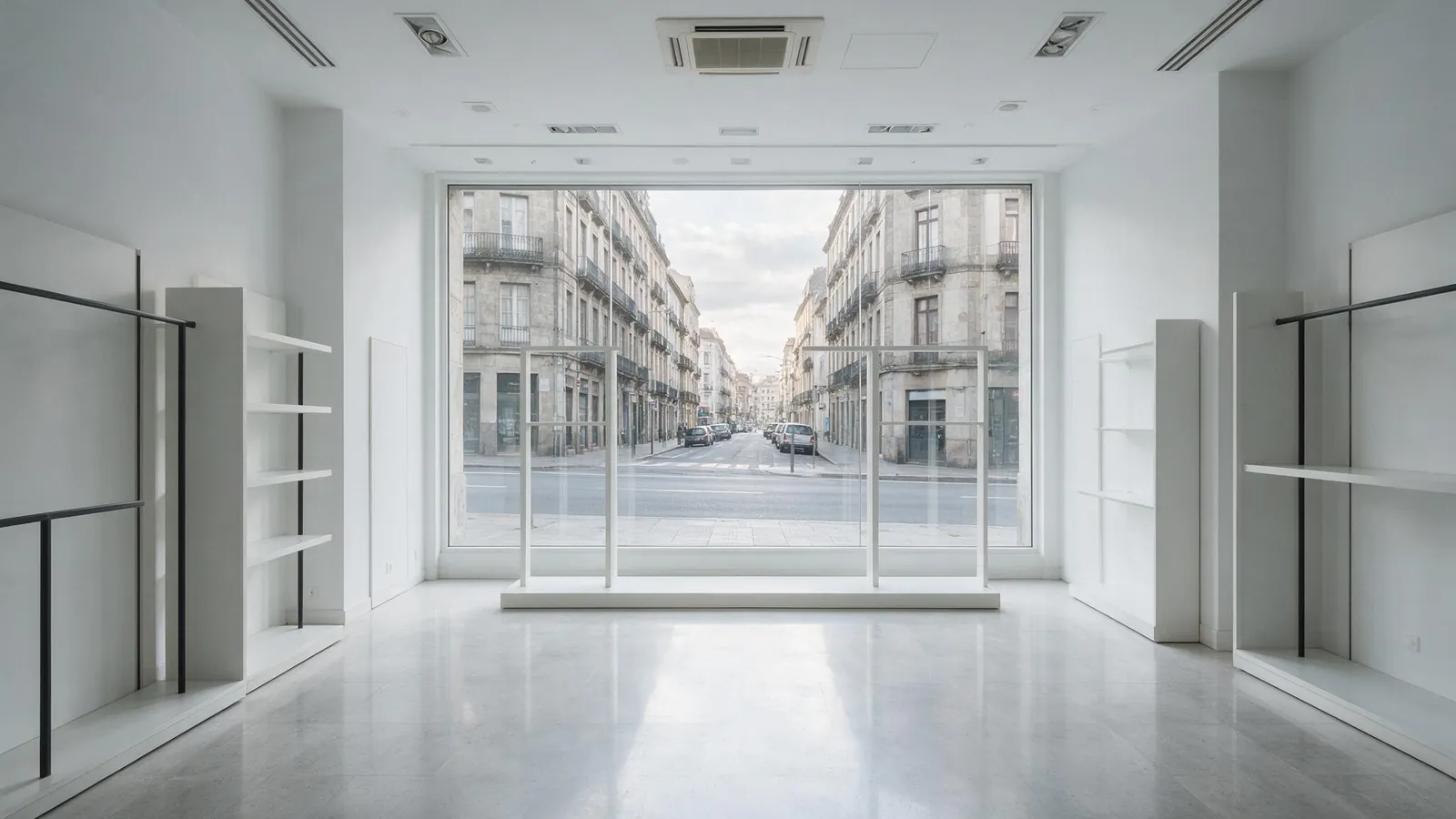 Interior de local comercial con escaparate y suelo recién limpiados en Bilbao