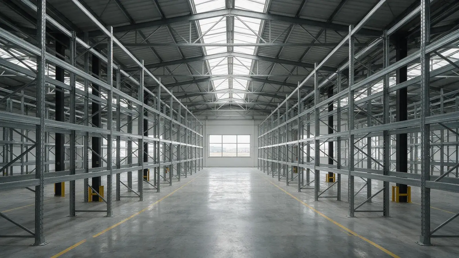 Nave industrial con suelo de hormigón limpio y estanterías de almacenaje en Bizkaia